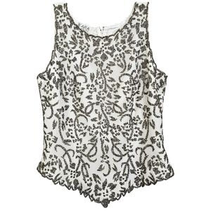 Vintage JKARA Soft White with Pewter/Silver Beaded Sleeveless Scalloped Edge Top